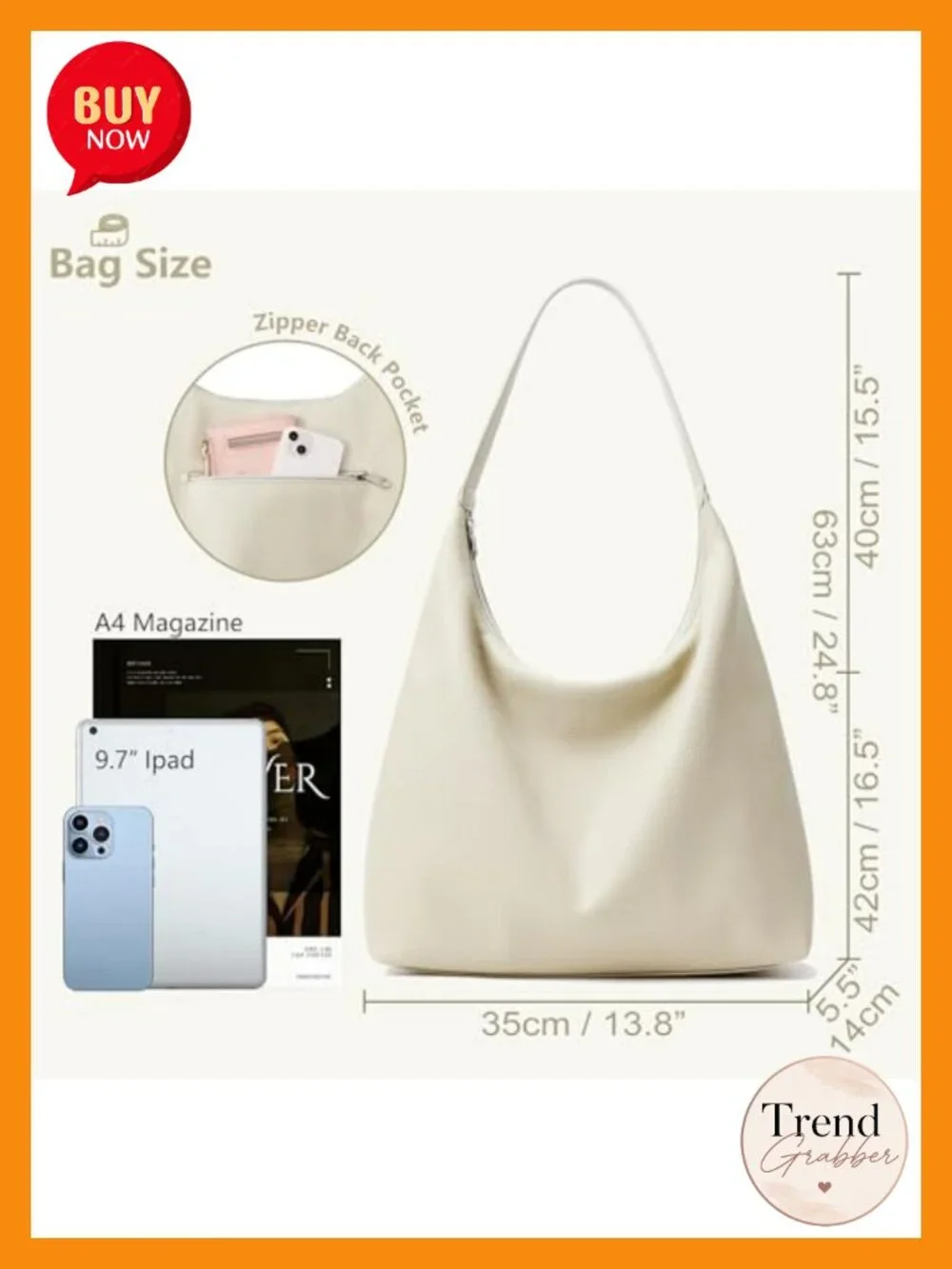 Large Capacity Vegan Leather Slouchy Hobo Bag With Zipper Closure